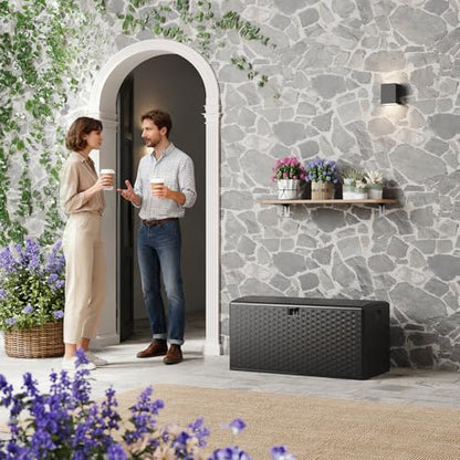 100 Gallon Blow Molded Deck Box,Lockable Outdoor Storage,Waterproof Patio Bench,Black