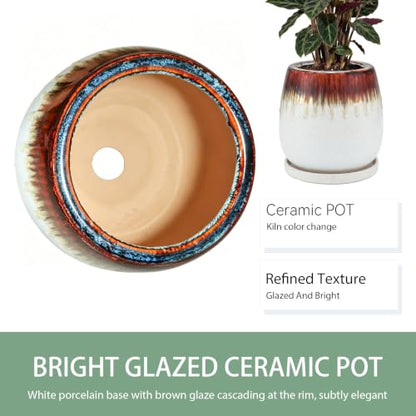 10.3 Inch Ceramic Glaze Plant Pot with Saucer, Flower Pots with Drainage Hole Mesh Net (Hemp-White) - color: Hemp White