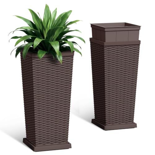 Set of 2 24 Inch Tall Plastic Planters with Drainage Saucers, Brown - color: Brown, size: 24 inch with Trays