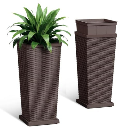 Set of 2 24 Inch Tall Plastic Planters with Drainage Saucers, Brown - color: Brown, size: 24 inch with Trays