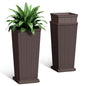 Set of 2 24 Inch Tall Plastic Planters with Drainage Saucers, Brown - color: Brown, size: 24 inch with Trays