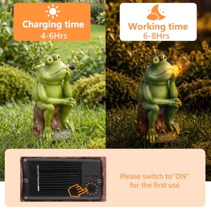 Frog Garden Statue with Solar Light for Outside, Funny Frog Figurine