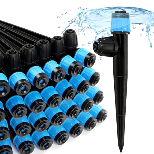 50pcs Drip Emitters Fan Shape with Stake for 1/4" Irrigation Tubing, Adjustable 360 Degree Water Flow Irrigation Vortex Sprayer On 5" Stake Garden Irrigation Dripper for Watering System - color: Blue Vortex Emitter