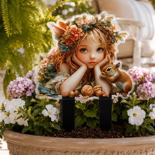 Outdoor Garden Stakes - 2D Lawn Ornaments for Outdoor Yard, Pathway & Landscape Patio, Gift for Gardening Lovers (Squirrel Fairy) - color: Squirrel Fairy