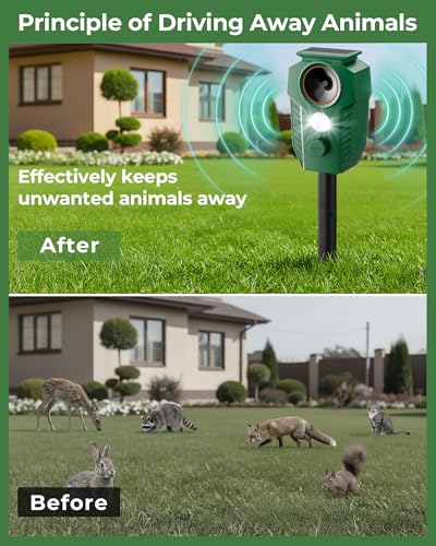 Solar-Powered Ultrasonic Animal Repeller for Outdoor Yards & Gardens with Motion Sensor – Waterproof Deer Repellent Devices Repel Deer, Raccoons, Rabbits & Cats