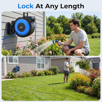 Retractable Garden Hose Reel, 1/2" x 131FT Heavy Duty Automatic Retractable Hose Reel Wall Mount, with 10- Function Sprayer Nozzle, Any Length Lock/Auto Rewind/180°Swivel - size: 130 Ft