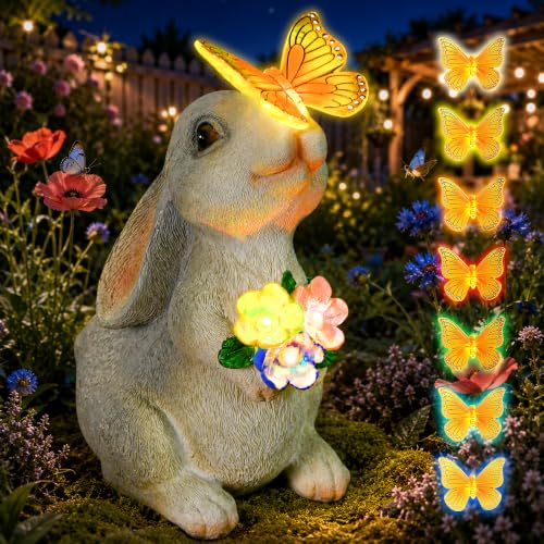 Garden Bunny Statue Outdoor Decor for Halloween, Rabbit Figurines with Solar Butterfly Changing Color LED Lights, Bunny Ornament for Patio Backyard Lawn, Birthday Gift for Women Mom Grandma - color: Multicolor