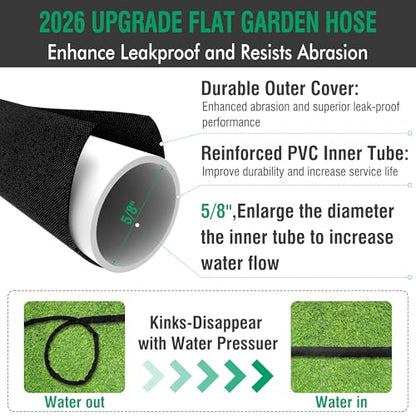 100FT Non-Expandable Flat Garden Hose with 10 Function Nozzle,No-Kink,Black - color: Black, size: 100FT