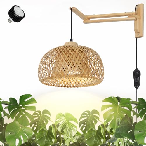 HMVPL Hanging Grow Lights for Indoor Plants Full Spectrum, Boho Plant Lights for Indoor Growing with 20W COB Grow Light Bulb, Bamboo Wall Mounted Grow Light with Swing Arm, Timer for Large Small Plant
