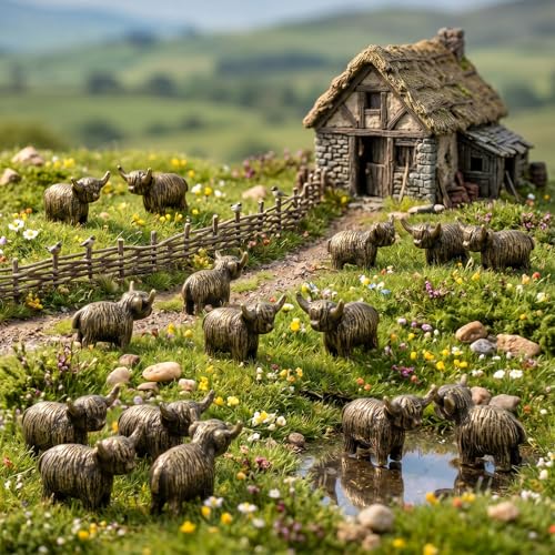 Civaner 50 Pcs Mini Highland Cow, Mini Brass Figurines, Small Metal Animal - style: Highland Dairy Cows
