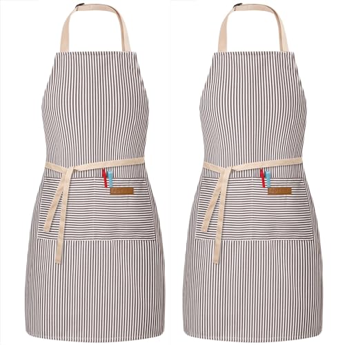 BeLuyi 2 Pack Adjustable Bib Apron with 2 Pockets Chef Cooking Kitchen Restaurant Aprons for Women Men - color: Brown Pinstripe