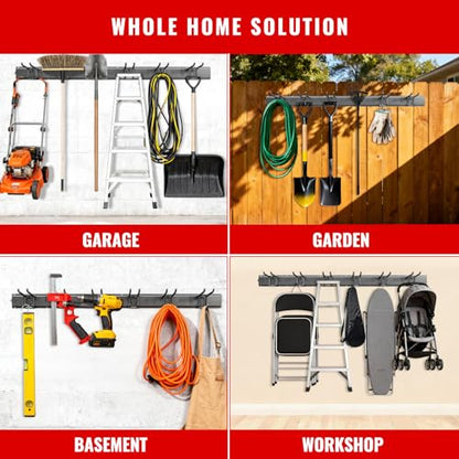 Garage Tool Organizer Wall Mount, Easy to 48inch Install Heavy-Duty Garage Storage System with 6 Adjustable Hooks, Garden Tool Rack for Shovels, Rakes, Yard Tools - size: 48" System - 6 Piece Basic Set