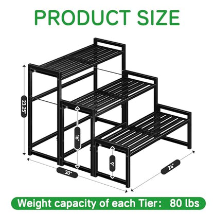 Ekisemio 3-Tier Metal Plant Stand, Heavy Duty Waterproof Indoor Outdoor Stackable Shelf, Tall Flower Pot Holder & Display Rack for Garden, Black