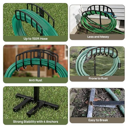 Winpull Garden Hose Holder Detachable Heavy Duty Metal Water Hose Hanger, Freestanding Hose Storage Stand Rack for Outside (Black) - color: Black