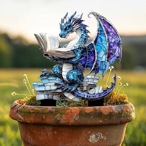 Dragon Reading Book Acrylic Garden Stake, Indoor and Outdoor Garden Acrylic Decoration, Idea Gift for Flower Potted Ornament and Landscape Beautification, Suitable for Courtyards and Lawn
