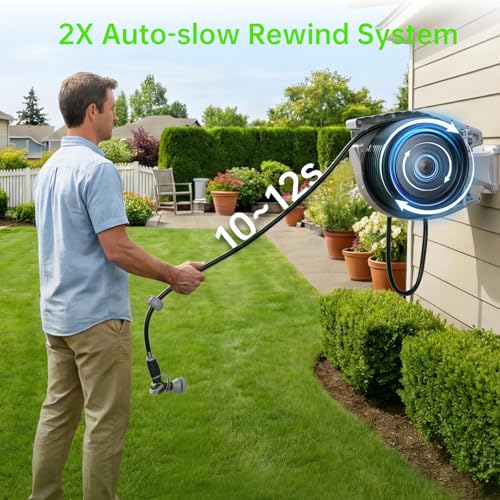 Retractable Garden Hose Reel, 5/8in 100 ft Hose Reel with 9 Patterns Nozzle - color: Grey