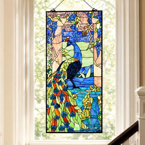 Bieye W10096 Peacock Tiffany Style Stained Glass Window Panel, 19.5Wx40.5H - size: 19.5Wx40.5H Rectangular