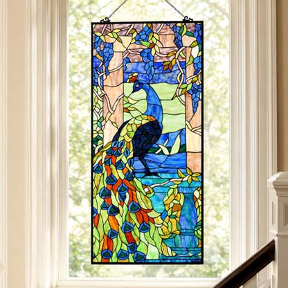 Bieye W10096 Peacock Tiffany Style Stained Glass Window Panel, 19.5Wx40.5H - size: 19.5Wx40.5H Rectangular