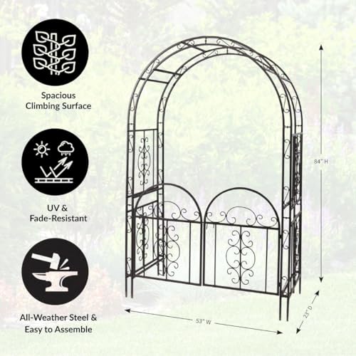 Plow & Hearth Arch Metal Outdoor Garden Arbor Double Gate | Montebello | 7 Feet Tall | Gunmetal Black | Steel Iron Trellis Lattice Climbing Plants & Heavy Vines - color: Gunmetal Montebello with Gate
