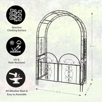 Plow & Hearth Arch Metal Outdoor Garden Arbor Double Gate | Montebello | 7 Feet Tall | Gunmetal Black | Steel Iron Trellis Lattice Climbing Plants & Heavy Vines - color: Gunmetal Montebello with Gate