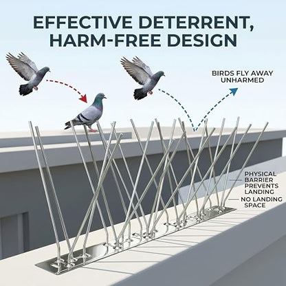 Stainless Steel Bird Spikes for Outside, Anti Bird Deterrent Spikes for Woodpeckers, Squirrels, Raccoons, Weatherproof Fence Spikes for Roof, Railing,Patio, 3.28 Feet - size: 3.28Ft