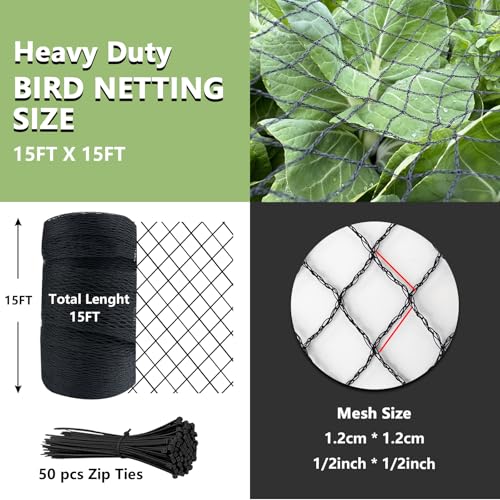 Bird Netting 15x15 FT,1/2" Mesh Heavy Duty Garden Netting - size: 15' x 15'