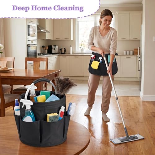 Cleaning Apron, Cleaning Caddy & Household Cleaning Storage Organizer Set - color: Black+black