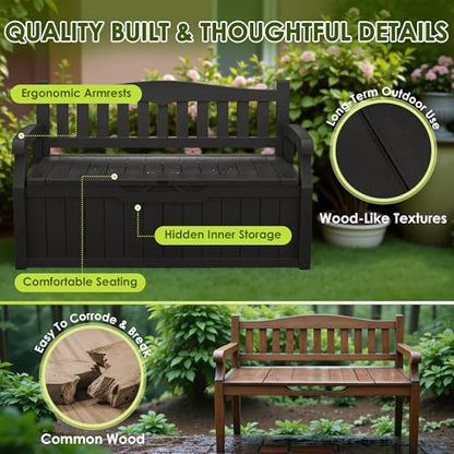 Greesum 80 Gallon Outdoor Storage Bench, Deck Box, Dark Black - color: Dark Black, style: Basic Version