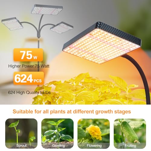 FECiDA High Output Tall Grow Lights for Indoor Plants with Stand and Timer - size: 3-Head