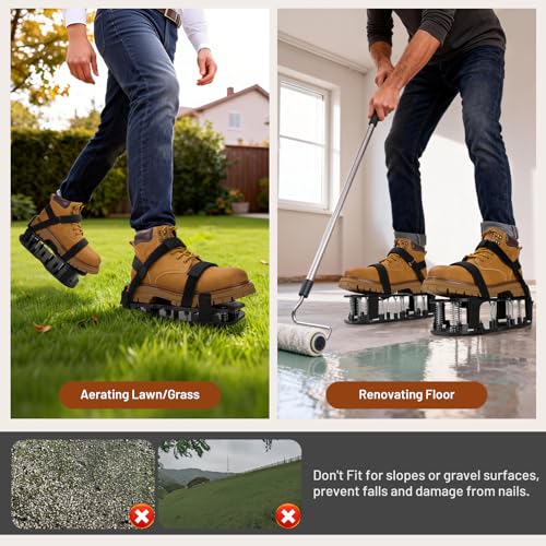 Lawn Aerator Shoes, Pre-Installed Two-Layer Spike Aerator Shoes Tool with Hook-and-Loop Adjustable Straps, Durable and Self-Cleaning for Patio Garden Soil and Plat Grassland