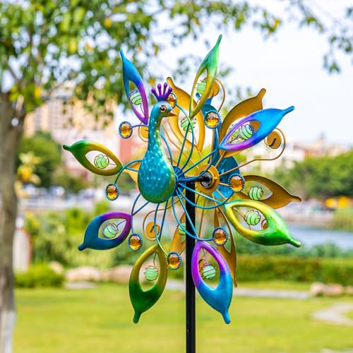 DREAMYSOUL Peacock Wind Spinner 65" Tall, Kinetic Metal Yard Sculpture