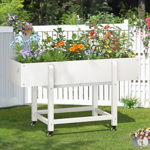 LUE BONA Raised Garden Bed with Wheels, 48 * 16.7 * 28 in, Poly Elevated Outdoor Planter Box with Tools, Weather Resistant, Standing Growing Bed Herb Planter for Vegetable, Flowers, Fruits