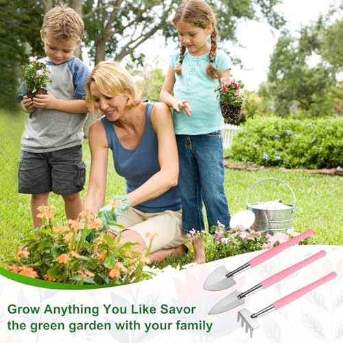 M METERXITY 2-Set Mini Gardening Tools, Stainless Steel Miniature Gardening Rake, Trowel, and Shovel for Seedlings/Bonsai/Succulents/Herbs/Terrariums and Planting [Pink/Green] - color: Pink/Green