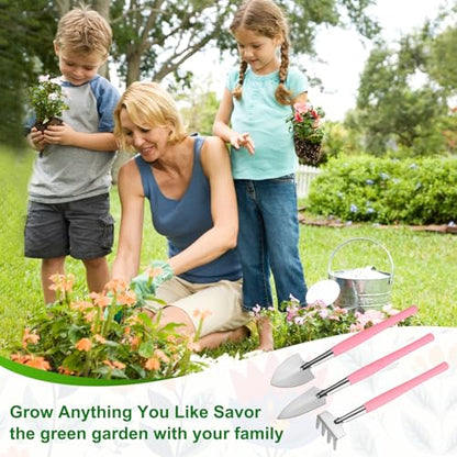 M METERXITY 2-Set Mini Gardening Tools, Stainless Steel Miniature Gardening Rake, Trowel, and Shovel for Seedlings/Bonsai/Succulents/Herbs/Terrariums and Planting [Pink/Green] - color: Pink/Green