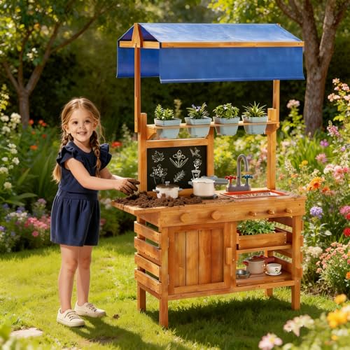 Costzon Mud Kitchen for Kids, Fir Wood Kitchen Playset w/Adjustable Canopy