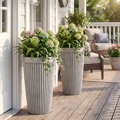 Autodaya 20" Resin Outdoor Tall Planters Set of 2, Ivory Fluted - color: Concrete Fluted-20"h