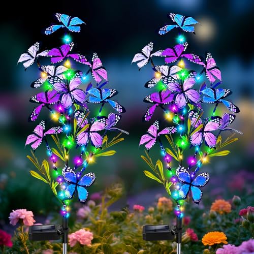 MRHEPHAESTUS Solar Garden Lights Outdoor, Waterproof 2 Pack Solar Butterfly Lights with 60 LED 12 Butterfly Colorful Lighting for Garden Yard Lawn Outdoor Decor, Gift for Mom Women Mother's Day - color: Colorful, size: 2 Pack