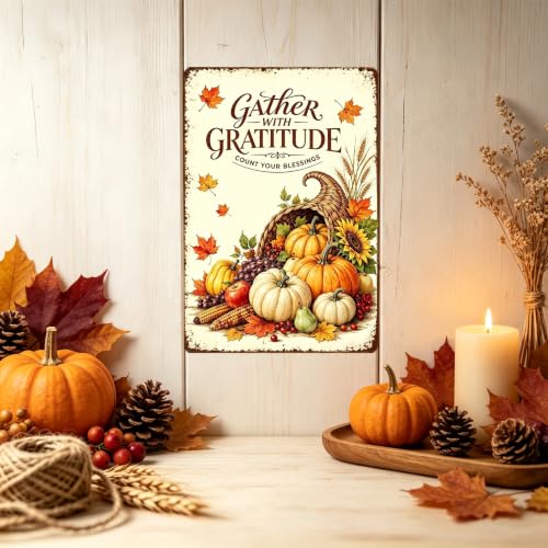 Gather With Gratitude Thanksgiving Metal Sign Harvest Wall Decor 8x12 Inch - color: Gather With Gratitude