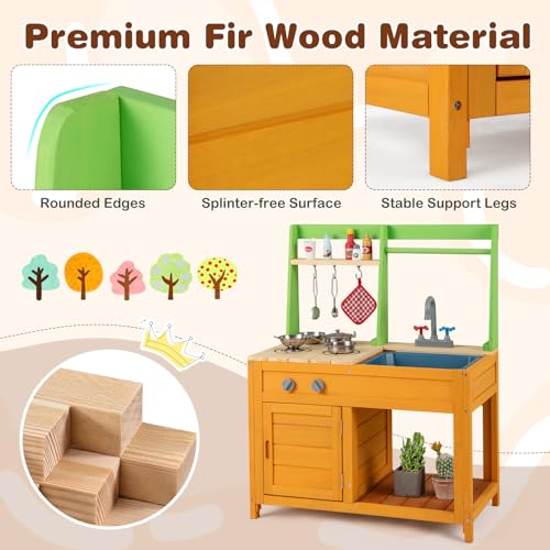 Costzon Mud Kitchen for Kids Outdoor, Wooden Play Kitchen w/Stoves, Removable Sink, Faucet, Oven, Cooking Accessories, Storage Shelves, Montessori Pretend Kitchen Playset for Girls&Boys 3+ Years Old - style: with Storage Shelf