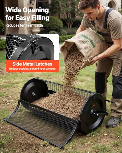 VEVOR Compost Spreader, 44" Wide Peat Moss Spreader with Push/Tow Handle, 4 Heights Adjustable, Powder-Coated Steel Garden Peat Moss Roller, Heavy Duty Grass Seed R - size: 44in