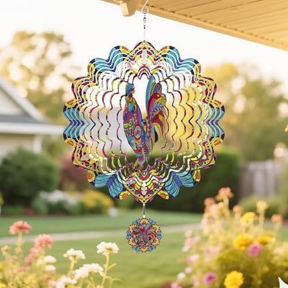 12 Inch Rooster Hanging Wind Spinners, 3D Kinetic Metal Wind Spinner - color: Red & Yellow