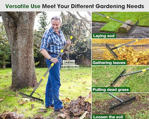 Heavy Duty Metal Bow Rake for Lawn , 17 Steel Tines Garden Rake