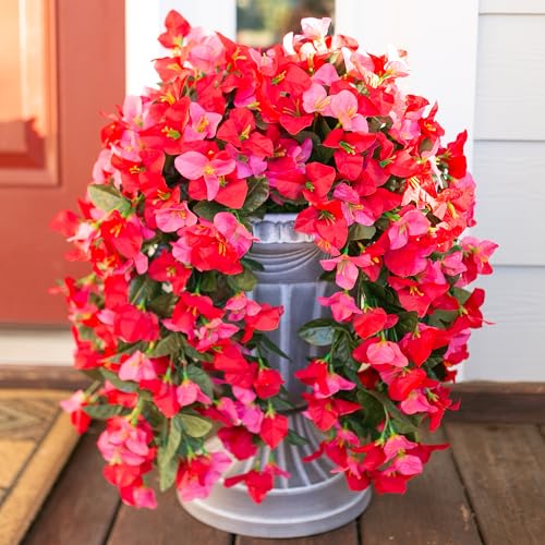2 PCS Bougainvillea Artificial Hanging Flowers Plants for Outdoors, Mix - color: Hot Pink + Red