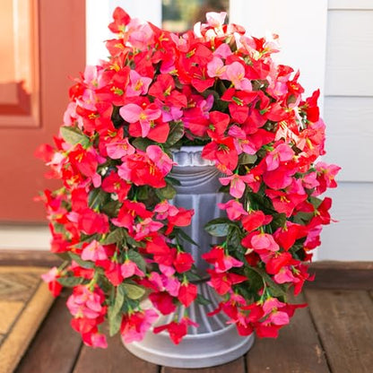 2 PCS Bougainvillea Artificial Hanging Flowers Plants for Outdoors, Mix - color: Hot Pink + Red