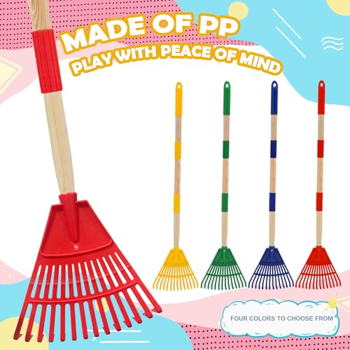 Kids Leaf Rake - 3-Section Adjustable Handle, Lightweight, Wood & Plastic, Small Garden Tool for Children (Red) - color: Red