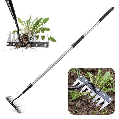 Iron Weeding Rake with Long Handle, Manual Weeder Tool for Garden