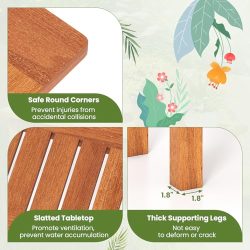 Tangkula Wooden Plant Stand, Outdoor Indoor Solid Wood Flower Pot Holder Display Shelf with Teak Oil Finish, Slatted Top, Rustic Plant Rack for Patio Garden Entryway Porch - size: 40" x 12" x 29"