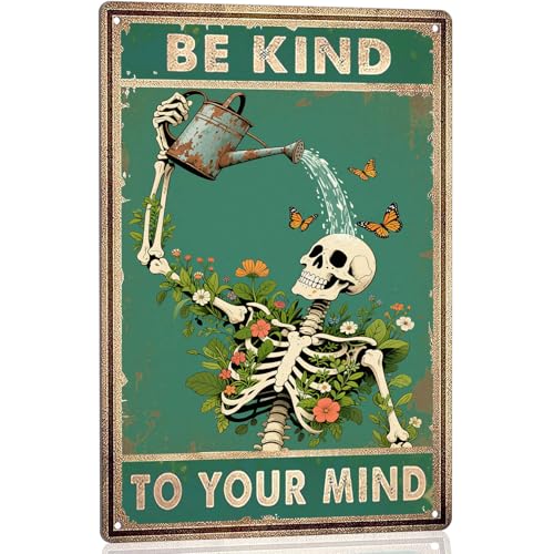 Be Kind to Your Mind Sign - Inspirational Metal Signs Vintage Skull Decor Retro Skeleton Poster Boho Wall Decor for Home, Office, Garden, Mental Health Wall Art Gift 8×12 Inch - color: SkullSign06