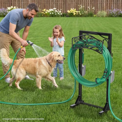 Sunvigor Freestanding Garden Hose Holder Stand, Heavy Duty Hose Reel Alternative with 2 Tool Hooks, Holds 150FT Water Hose, 4-Spike Stable Base, No-Drill Hose Storage for Outside Yard Lawn Garden - color: Black-butterfly Style With Hooks