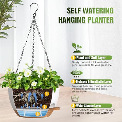 13 Inch Large Self Watering Hanging Planters 2 Pack with Saucers - color: White Brown, size: 13 Inch 2 Pack